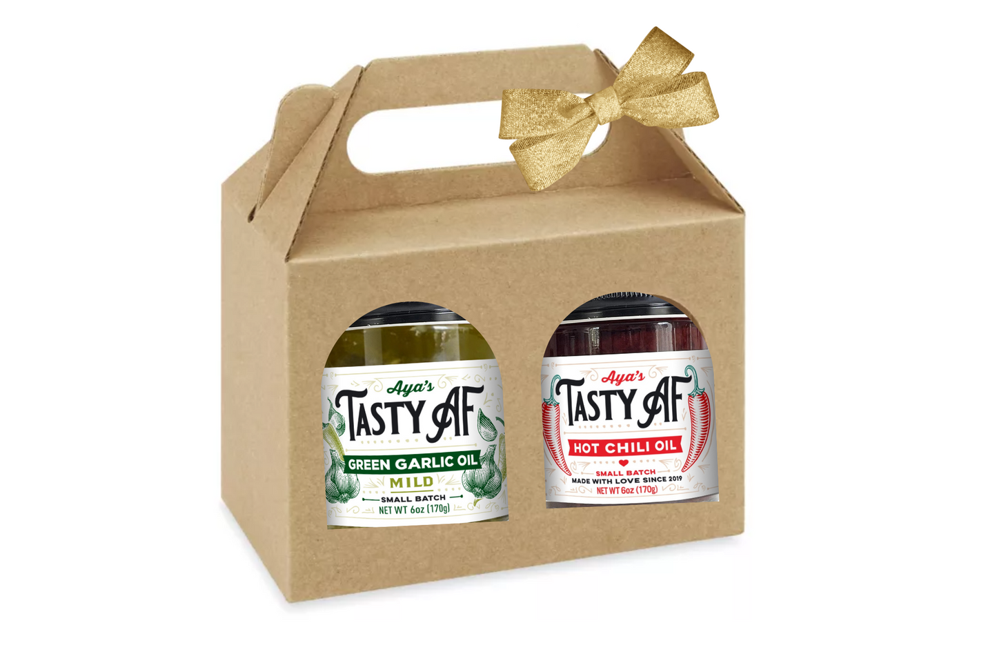 A gift box of a two pack bundle of Aya's Tasty AF jars